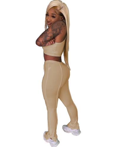 Solid Color Vest Crop Top and Trousers