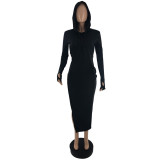 Solid Color Hoodie Zipper Slit Sides Maxi Dress