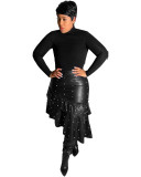 Women PU Leather Beaded Ruffle Asymmetric Hem Knee Length Black Skirt