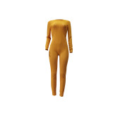Autumn Sexy Yellow Mesh See Through Long Sleeve Jumpsuit with Back Zipper
