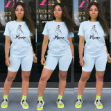 Mother's Day Heart Print Sports Shorts Set Two Piece - Light Blue