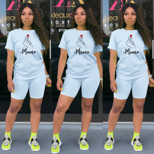 Mother's Day Heart Print Sports Shorts Set Two Piece - Light Blue