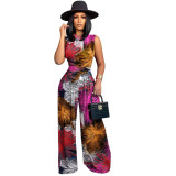 Fashion Pattern Printed Sleeveless Rompers + Wide Leg Pants Set