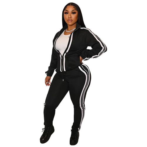 Black Fashion Solid Black Lapel Two Piece Outfits with Zip Up