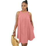 Pink Solid Color Sleeveless Crew Neck Pleated Cotton Mini Dress with Pocket