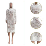 Sexy Hollow Out Hole Sweater Dress Fall Solid Color Hoodie Midi Women Knit Dress