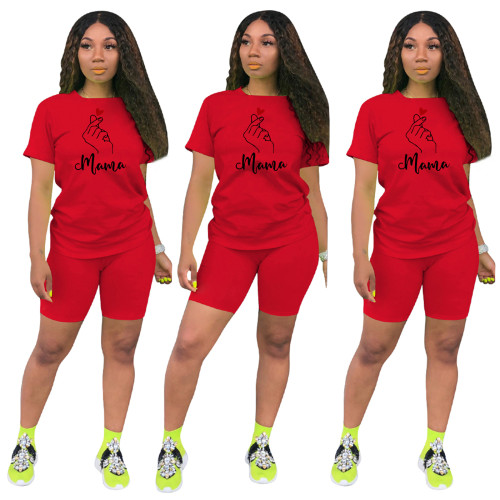 Mother's Day Heart Print Sports Shorts Set Two Piece - Red
