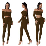 Women Fashion Thread Off Shoulder Crop Top 2 Piece Set Casual Bodycon Casual Outfit Sportswear