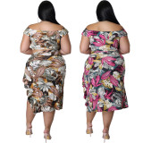Plus Size Sexy Print Bandage Split Joint Slit Off the Shoulder Two Pieces Skirts Set