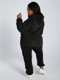 Solid Color Black Plush Hooded Long Sleeve Winter 2 Piece Pant Set