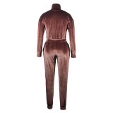 Solid Color Coffee Zipper Gold Velvet Long Sleeve Loungewear Women Sets with Pockets