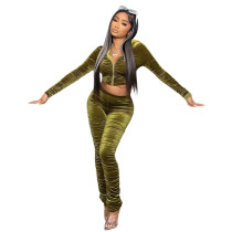 Solid Green Wrinkles Hooded Zipper Crop Top Stacked Pants 2 Piece Sets