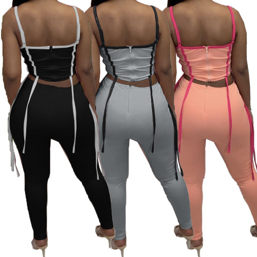 Solid Color Contrasting Ribbon Tassel Zipper Straps Tops & Long Pants