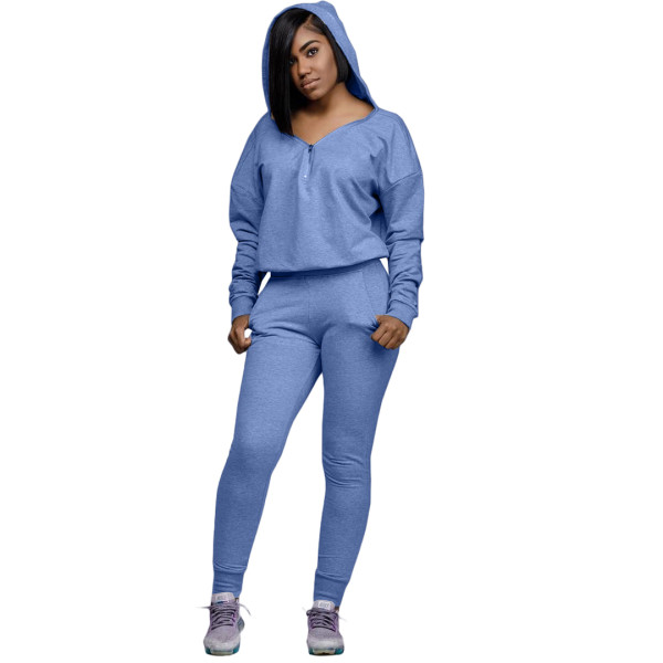 Casual Zipper V-neck Hooded Two Piece Pant Set