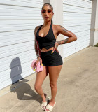 Solid Color Sexy Black Backless Halter Two Piece Shorts Women Set