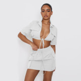 Solid Color Clothes Short Sleeve Crop Skirt Set Tooling Style