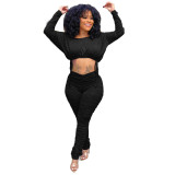 Ladies Black Stacked Two Piece Set Drawstring Crop Top and Pleated Trousers