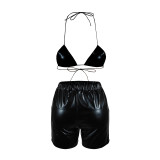 Black Solid Color Stretch PU Bra Shorts Set Two Pieces