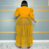 Plus Size Beaded Mesh Sexy See Through Puff Sleeve Long Dresses