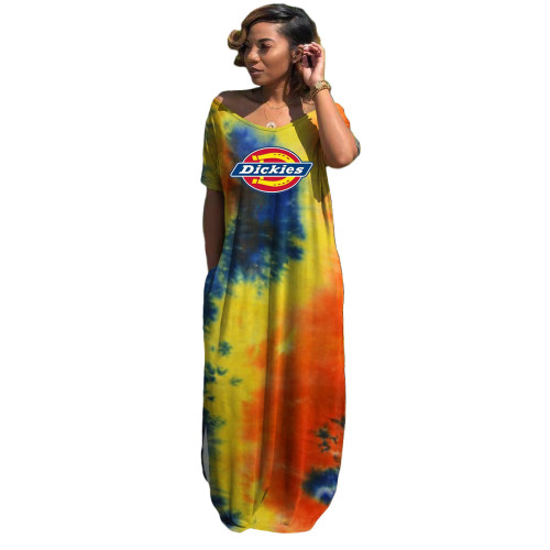 Casual Tie-dye Printed V-neck Maxi Dresses Women