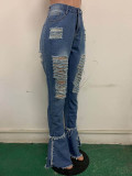 Classic Holes Fringed Ruffled Denim Trousers