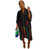 Woven Irregular Print Patchwork Mid Sleeve Shirt Dress with Pockets