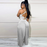 Grey Casual Knitted Straps Backless Top & Pleated Harem Pants