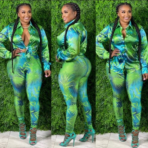 Casual Printed Turndown Neck Long Sleeve Shirt Trousers Homewear Casual Set