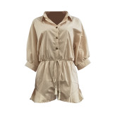 Solid Color Beige Convertible Collar Ruffled Short Romper