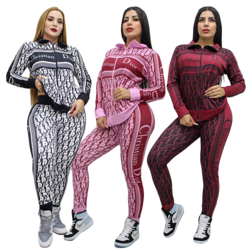 Casual Branded Clothing Spring Turndown Neck Printed Zipper Pant Set