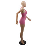Solid Color Sexy Pink Backless Halter Two Piece Shorts Women Set
