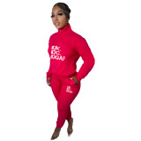 Autumn/Winter Fleece Printed Letter Pullover Zipper High Neck Casual Sports Two Pieces
