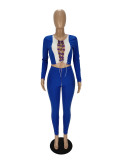 Blue Contrasting Color Stitching Lace-up 2 Piece Women Fall Sets with Hollow