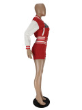 Red/White Air Layer Letter Print Women Fall Two Piece Set Sweatshirt Crop Jacket Top Shorts Sports Baseball Uniform
