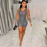 Summer Grey Sequin Casual U Neck Sleeveless Mini Dress