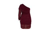 Plus Size Lavish One Shoulder Double-layer Mesh Pleated Dress - Wine Red