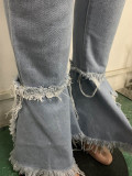 Classic Holes Fringed Ruffled Denim Trousers