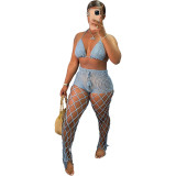 Sexy Blue Beach Fishnet Perspective Hollow Halter Crop Top Two Piece
