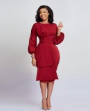 2023 Spring Women's Fashion Solid O-Neck Long Sleeve Pencil Elegant African Women Dresses