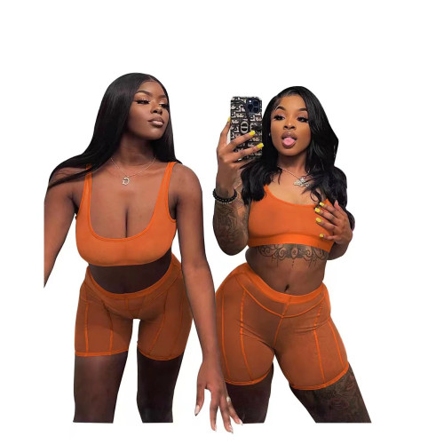 Sexy Solid Split Joint Mesh See Through U Neck Sleeveless Crop Vest Two Pieces