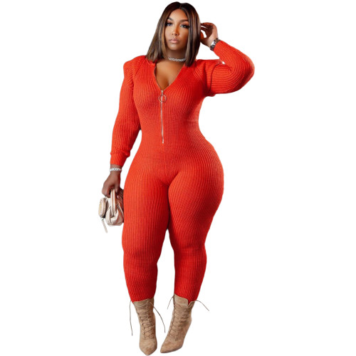 Orange Winter Thicken Knitted Woolen Padded Shoulder Zipper Up Bodycon Long Sleeve Hoodie Jumpsuit