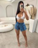 Stretch Denim Cargo Zippered Denim Shorts with Multi-Pocket
