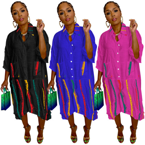 Woven Irregular Print Patchwork Mid Sleeve Shirt Dress with Pockets