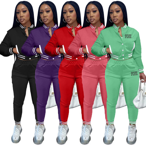 Casaul Printed Women's Jacket Set Single Breasted Long Sleeve Baseball Uniform Two Piece