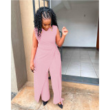 Casual Solid Patchwork O Neck Regular Jumpsuits with Single Shoulder Outwear