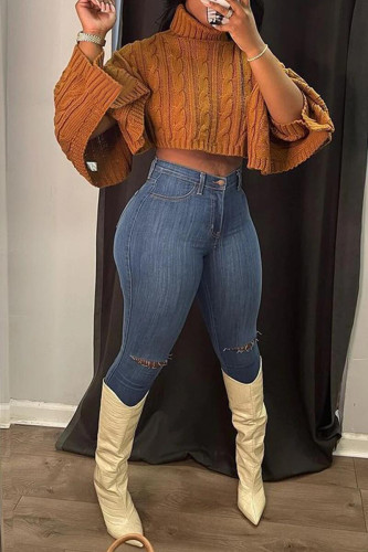 Solid Color High Neck Short Shawl Sweater Top