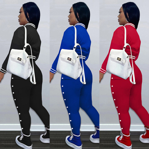Women Workout 2 Piece Outfits Button Down Color Block Patchwork Jackets Bodycon Long Pants Tracksuit