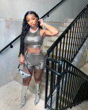 Hot Stamping Lace-Up Hollow Sleeveless Two-piece Short Set