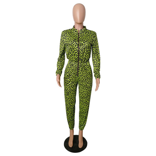 Autumn and Winter Long Sleeve Leopard Print Jumpsuit