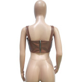 Casual Solid Brown PU Leather Vest Square Collar Tops Without Shirt